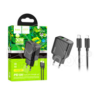 Сетевое зарядное устройство USB/Type-C Hoco CS23A (30W, QC3.0, PD, 2 порта, кабель Type-C-Lightning) Черный